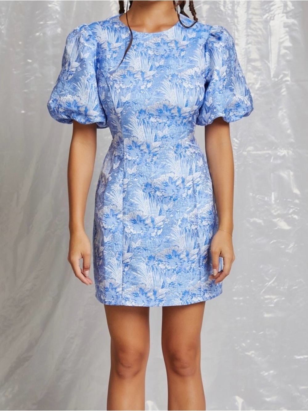 Lena Light Blue Floral Puff-Sleeve Mini Dress (runs small)